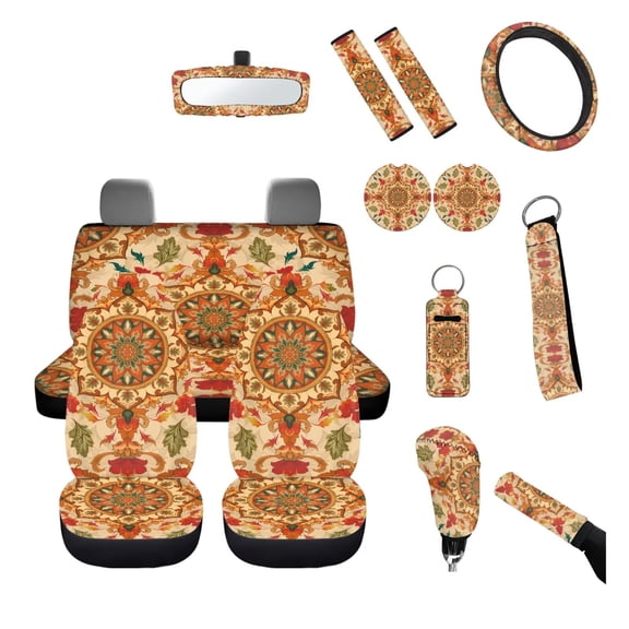 chaqlin Retro Mandala Auto Interior Set for Women Car Seat Cover Protection Accessory with Mandala Steering Wheel Cover,Seatbelt Pads,Coaster,Vehicle Interior Mirror Cover,14Pieces