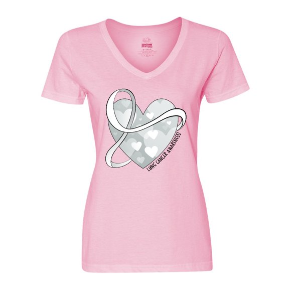 Inktastic Lung Cancer Awareness White Ribbon Around Heart Women's V-Neck T-Shirt
