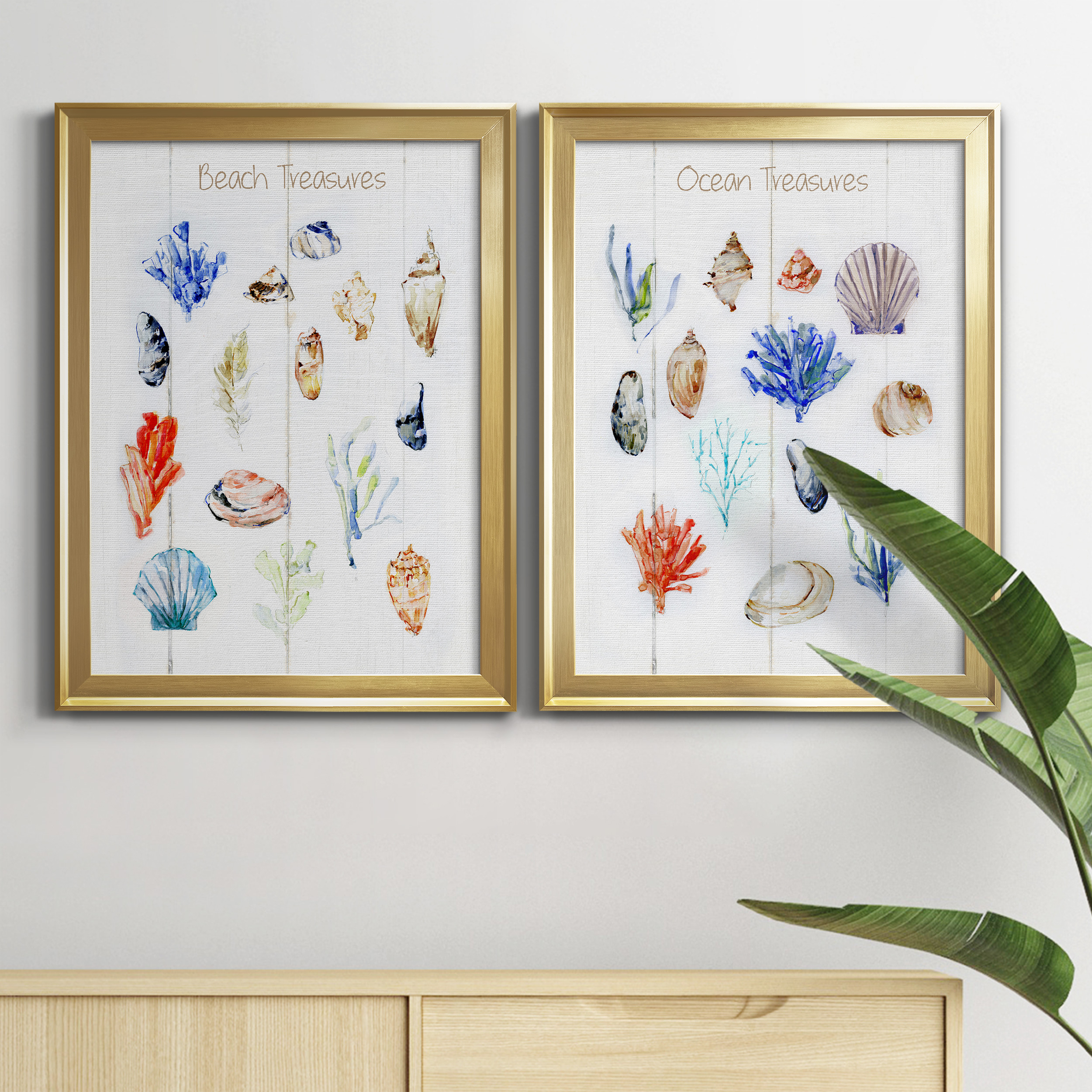 2 Piece Set Beach Treasures Premium Framed Canvas - Ready to Hang - 18.5 x 24.5 Each - Gold Frame