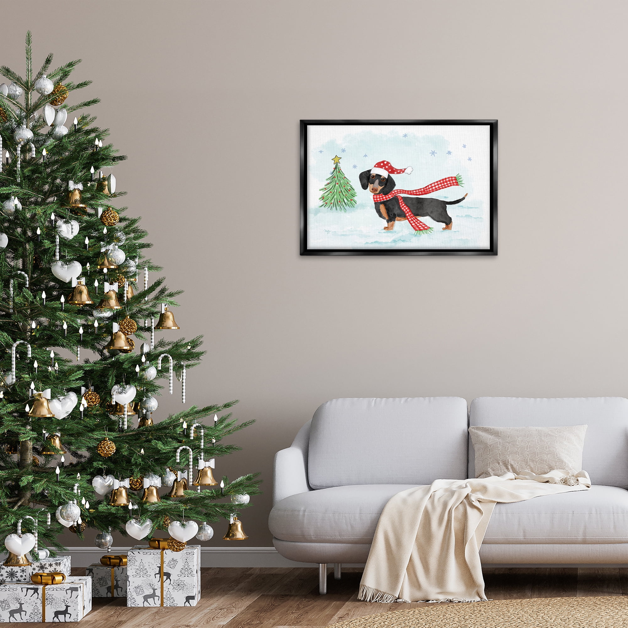 Stupell Industries Dachshund with Scarf Holiday Painting Black Floater Framed Canvas Art Prints Wall Art, 31 x 21