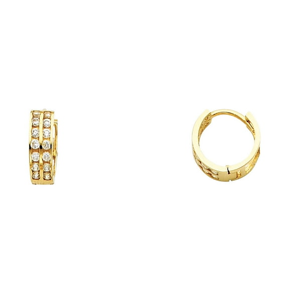 CZ Huggie Hoop Earrings Solid 14k Yellow Gold Huggies Round CZ Two Row Pave Set Polished Small 11 mm