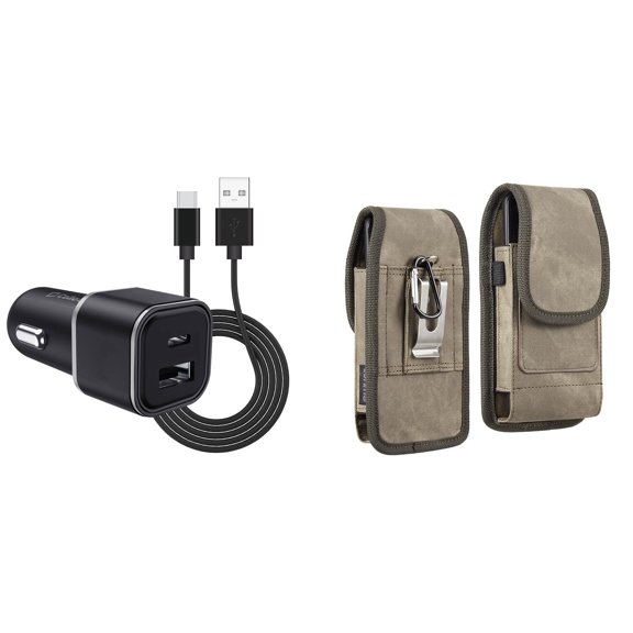 Holster and Car Charger Bundle for Samsung Galaxy S22: Vertical Rugged Denim Nylon Belt Pouch Case (Brown) and Compact High Power 30W Dual USB Port (Type-C & USB-A) Auto Power Adapter