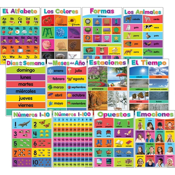 Teacher Created Resources Spanish Colorful Early Learning Small Poster Pack, 11" x 15-3/4", Pack of 12