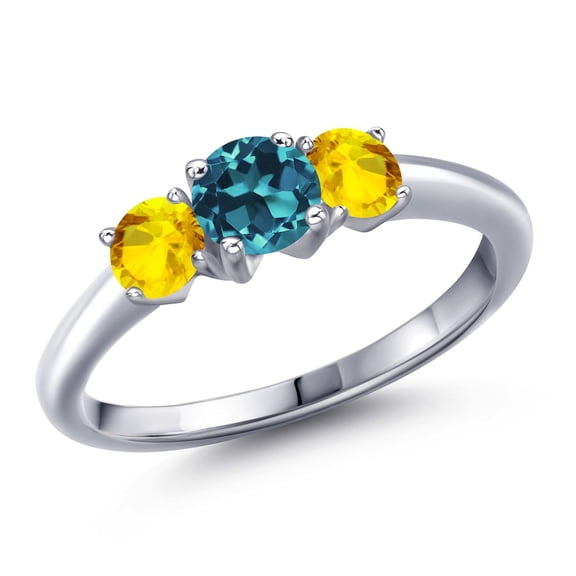 Gem Stone King 925 Sterling Silver London Blue Topaz and Yellow Sapphire Engagement Ring for Women | 1.42 Cttw | Round 5MM | Gemstone November Birthstone | Size 5
