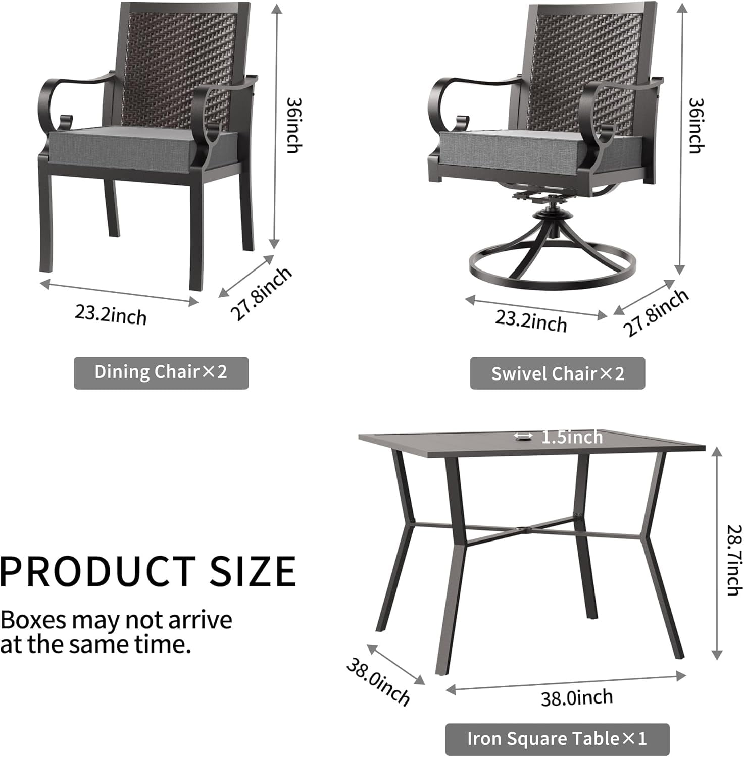 Kullavik 5 Pieces Dining Set for 4 ,Rattan Wicker Chairs & Swivel Chairs,Iron Square Table w/ Parasol Hole,Outdoor & Indoor Rattan Patio Dinging Set For Patio,Backyard,Garden,Poolside-Grey