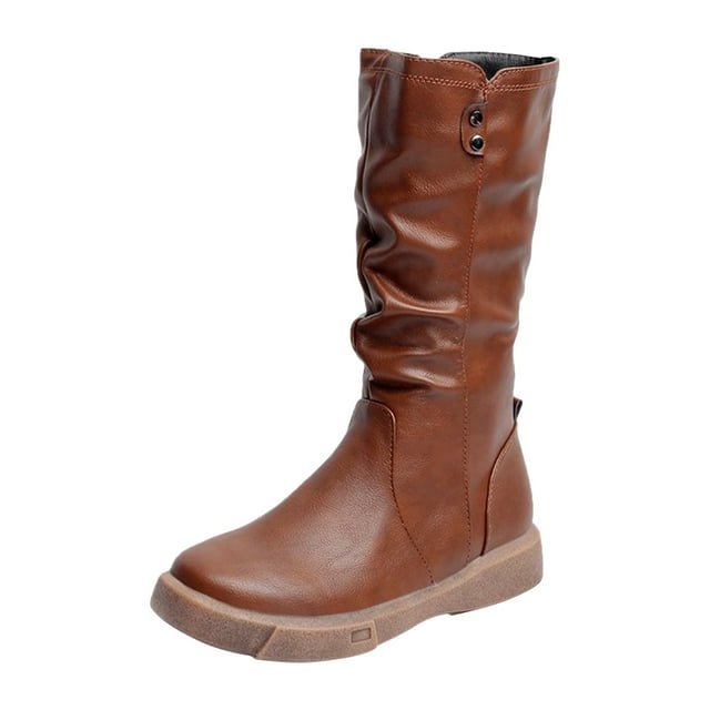 Womens Shoes Pointed Zip Warm Solid Color Knight Boots Leather Boots Low-heel Mid-calf