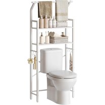 Over The Toilet Storage, 2-Tier Bathroom Organizer Shelves with Hooks, Multifunctional Vertical The Toilet Shelf Storage Rack for Bathroom, White