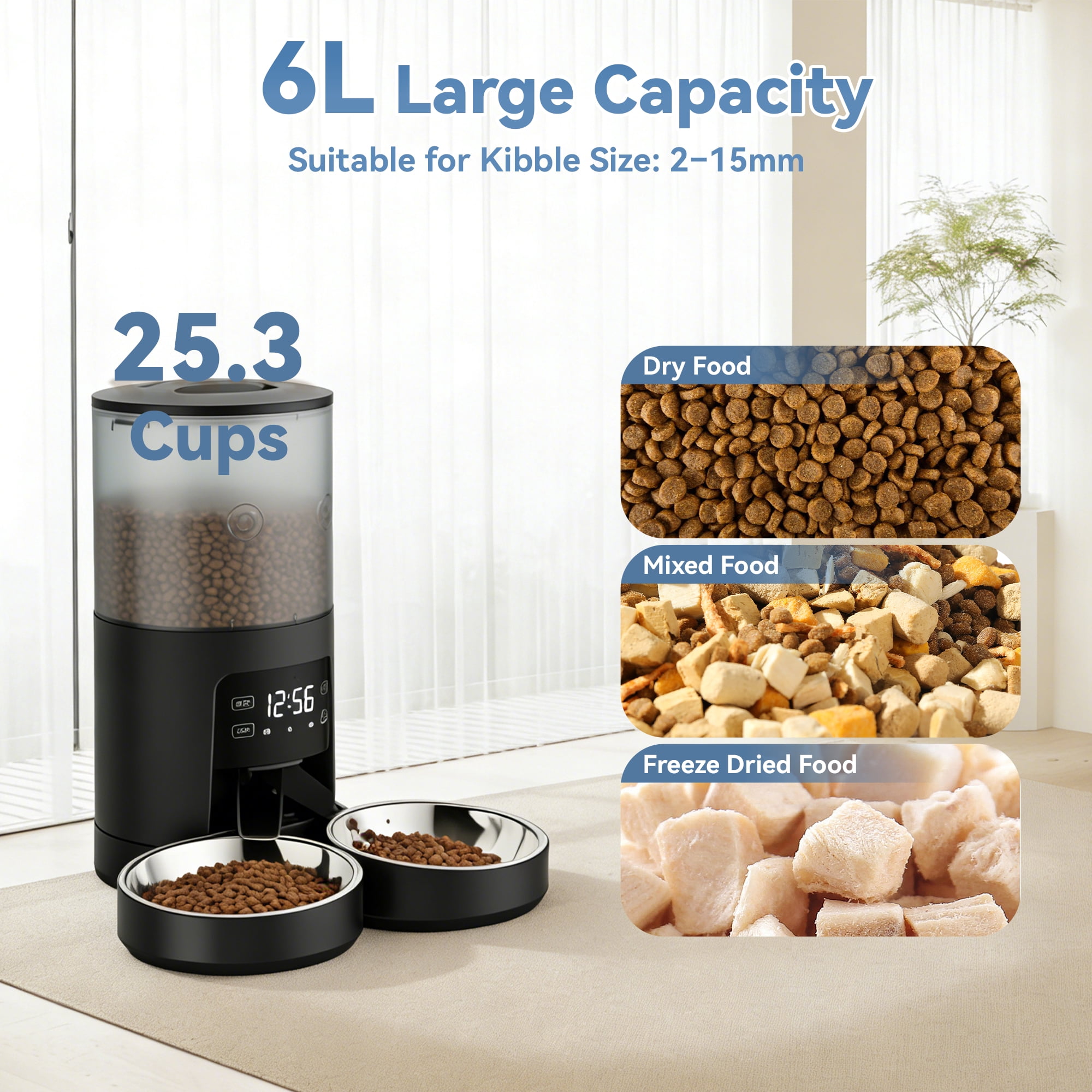 SHOUFTW 6L Automatic Pet Feeder for Cats & Dogs, Timed Dry Food Dispenser with Portion Control, Voice Recorder, Dual Power,Black