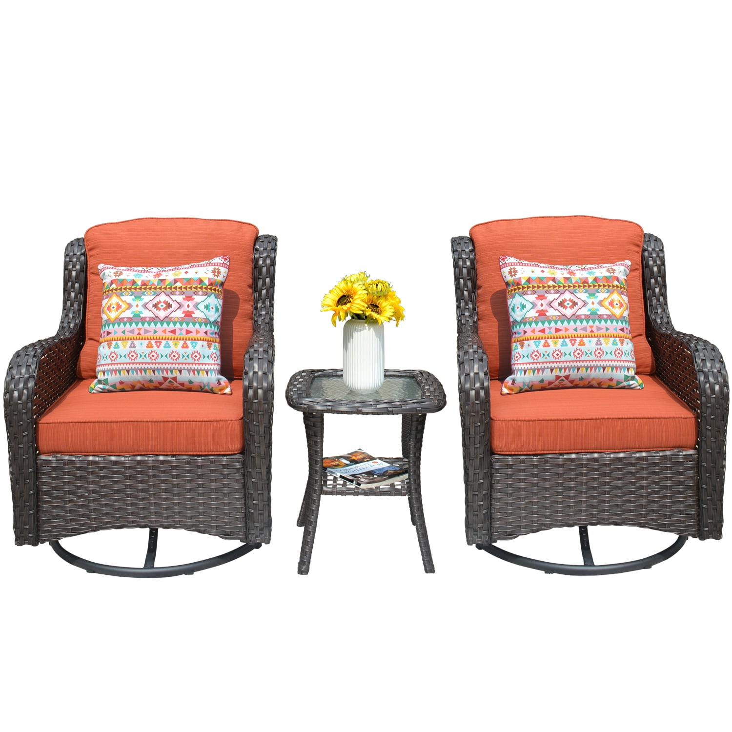 Ovios 3 Pieces Outdoor Furniture Wicker Patio Bistro Set with Swivel Chairs and Soft Cushions for Garden Backyard