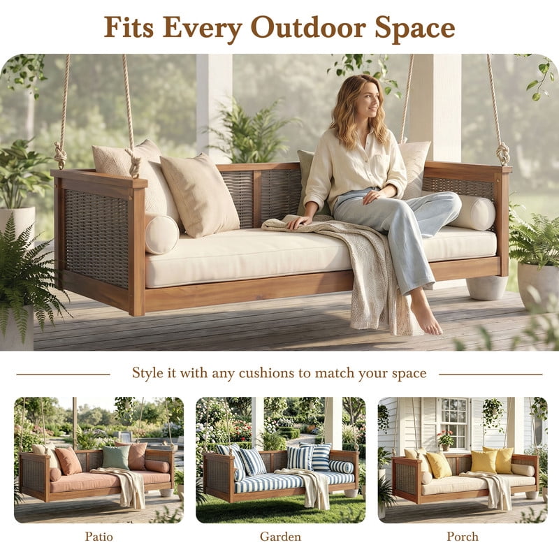 Outdoor Acacia Wood Twin Size 2-Seat Porch Swing Bench, Rattan Hanging Swing Chair Bed with Ropes for Patio, Garden, Backyard