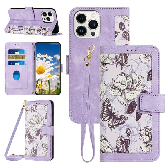 Designed for iPhone 12 Pro Max Wallet Case Cute for Women, Premium PU Leather Flip Kickstand Cover with Card Holder [Long Crossbody Strap   Short Wrist Lanyard] Magnetic Closure Phone Case,Purple