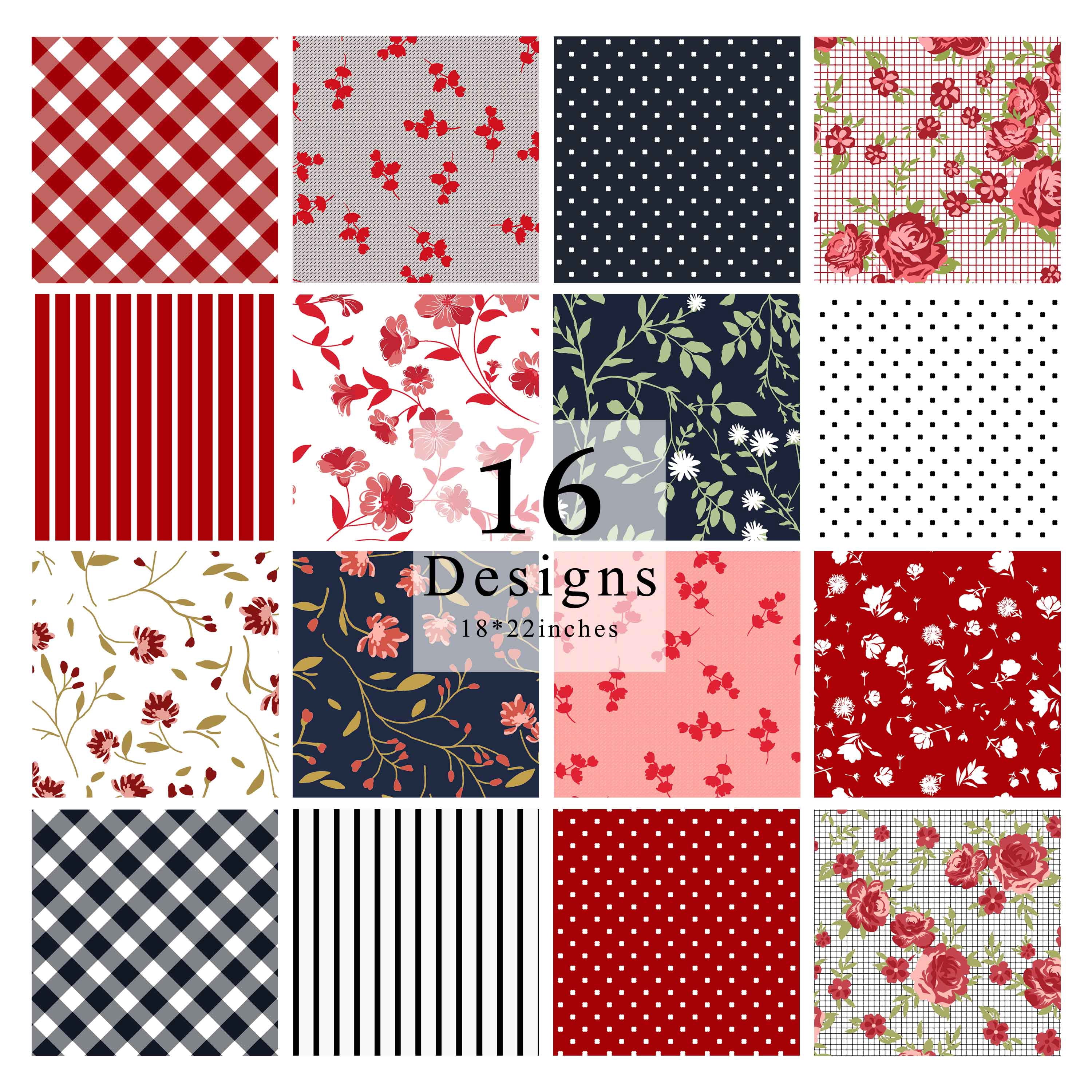 Soimoi 16 Pc Fat Quarter Bundle-Floral With GeometricsPrint 18"x 22"DIY Patchwork-100% CottonPre-Cut Quilting Fabric Red- Blue & White