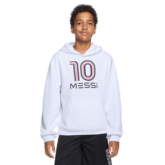 Buzo con capucha Messi para niño, manga larga, polar blanco, talle 14-16
