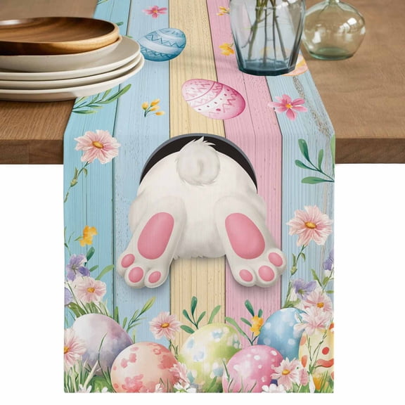 Easter Table Runner 72 Inches, Colorful Wooden Grain Easter Bunny Eggs Farmhouse Flower Bed Runner Dresser Scarves Tabletop for Indoor Outdoor Parties/Ceremony/Banquet, 14" x 72"