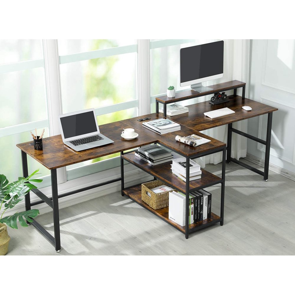 Two Person Desk with Monitor Stand, Power Strip with USB, Printer Shelf