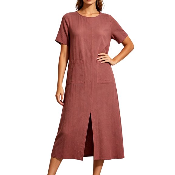 Levmjia Women's Summer Dress Short Sleeve Crew Neck Side Pocket Casual A Line Midi Dress with Side Slit Loose Fit Solid Color Day Dresses