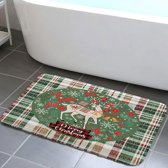Christmas Deer Bathroom Rugs, Retro Red Green Woodgrain Christmas Animal Farmhouse Xmas Tree Snowflake Bath Mat, Non Slip Rug Home Decorations for Bathroom Kitchen Kids Room Bathtub, 15.7X23.6in