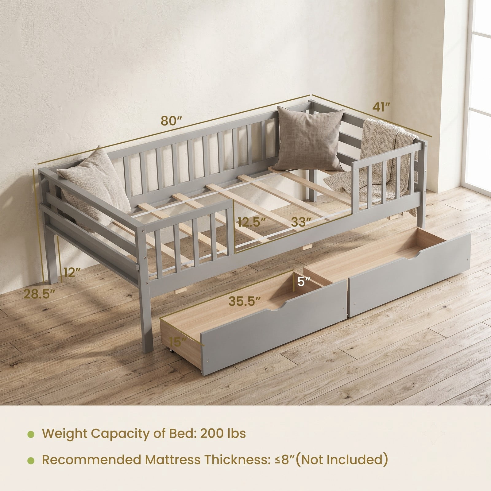 Furnibear Twin Wood Daybed with Full Fence Rails and 2 Pull-Out Storage Drawers for Kids Bedroom and Toddler Play Room, Gray