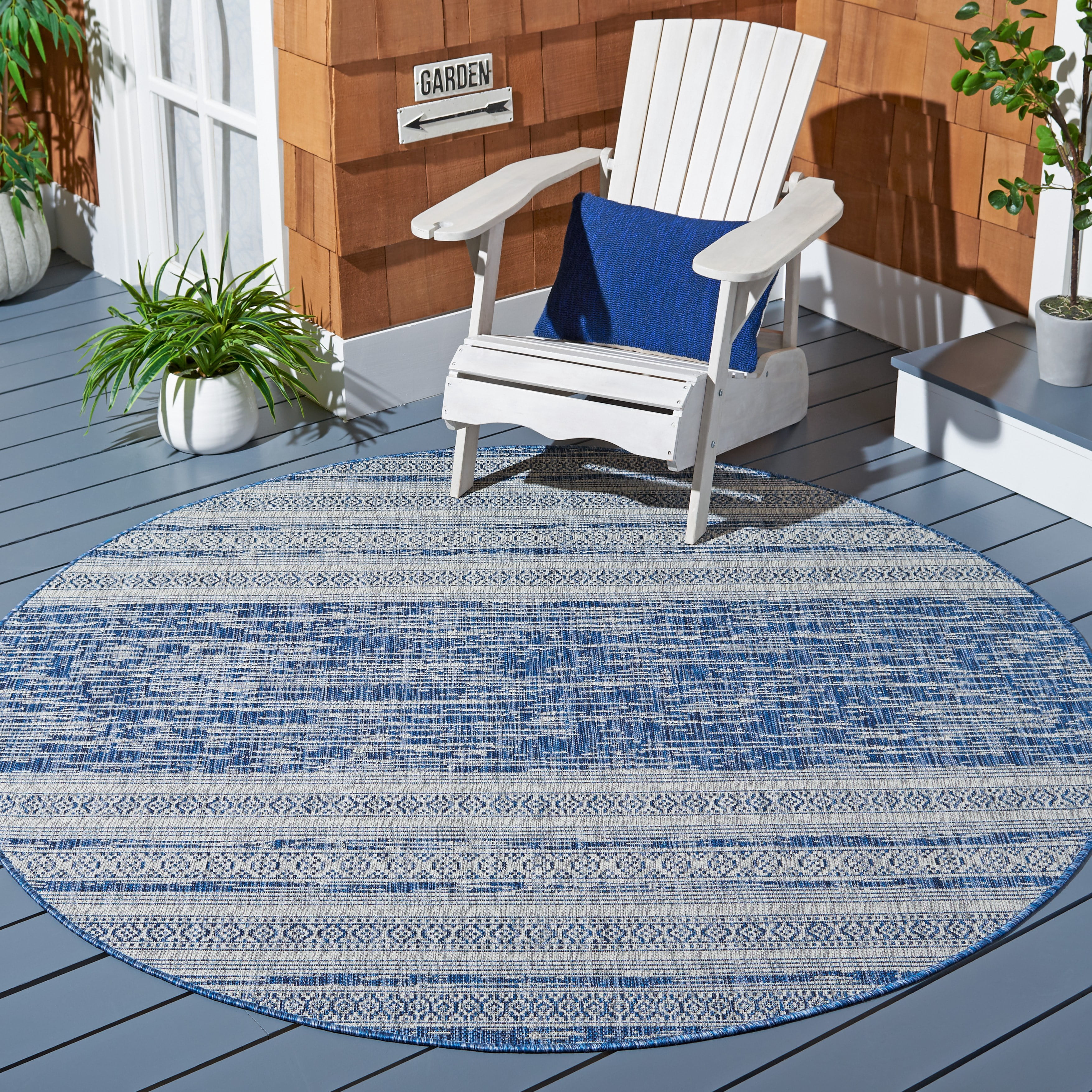 SAFAVIEH Courtyard Galen Striped Indoor/Outdoor Area Rug, Navy/Grey, 6'7" x 6'7" Round