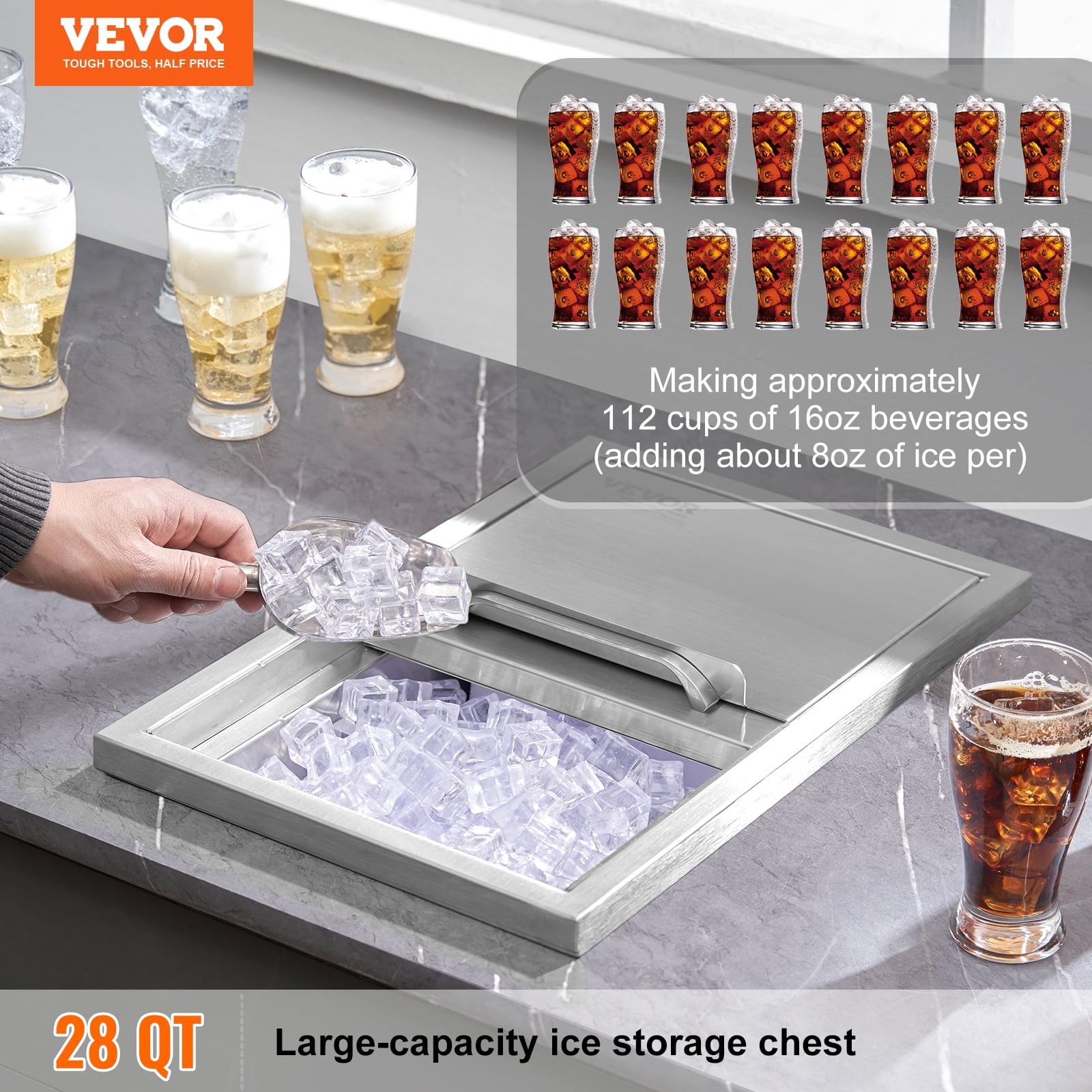 KFFKFF 18"x12"x14.5" Drop in Ice Chest Ice Cooler Ice Bin Stainless Steel w/Cover