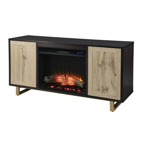 SEI - Wilconia Electric Media Fireplace w/ Carved Details - Dark brown, natural, and gold finish