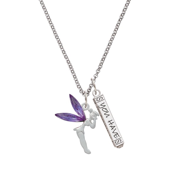 Delight Jewelry Silvertone Large Fairy with Purple Wings Silvertone Live the Life You Have Imagined Bar Charm Necklace, 23"