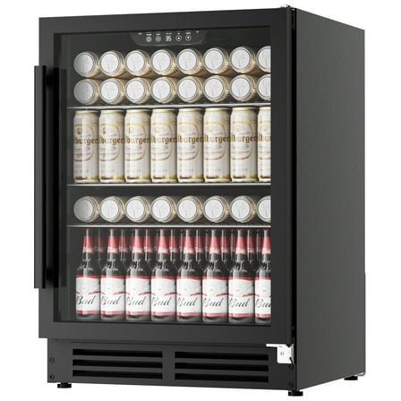 Coolake 24 Inch Wide Under Counter Beverage Refrigerator, 180 Can Capacity Beverage Cooler with Glass Door, Built in or Freestanding, Drink Fridge for Basement, Kitchen, Office