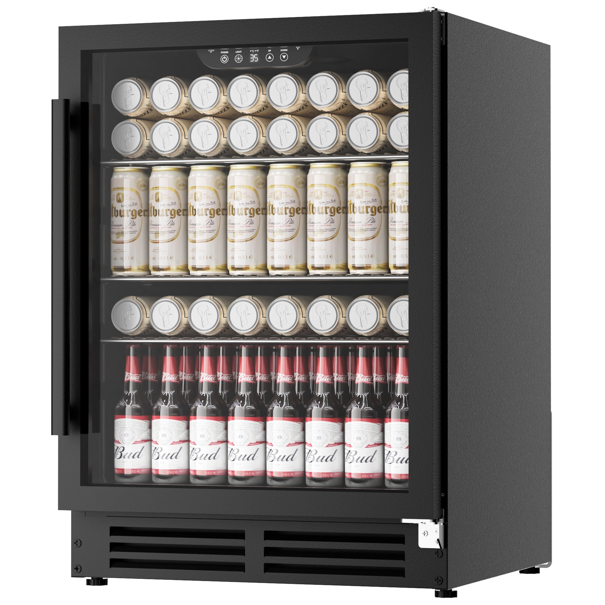 Coolake 24 Inch Wide Under Counter Beverage Refrigerator, 180 Can Capacity Beverage Cooler with Glass Door, Built in or Freestanding, Drink Fridge for Basement, Kitchen, Office