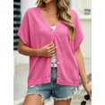 thumbnail image 3 of Short Sleeved Oversized Women Solid V-neck Casual Loose Knit Sweater Lightweight Button Tops, 3 of 7