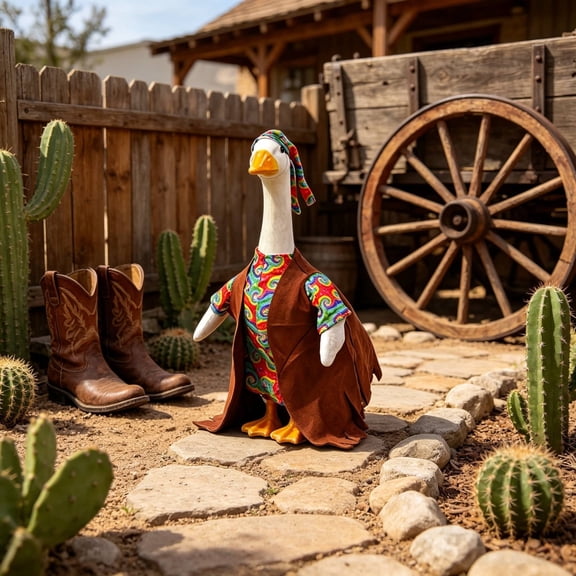 3 Piece Retro Hippie Themed Porch Goose Outfits with Fringed Vest Swirl Print Shirt and Headband for 23 Inch Lawn Goose Statues Whimsical Front Porch Decor