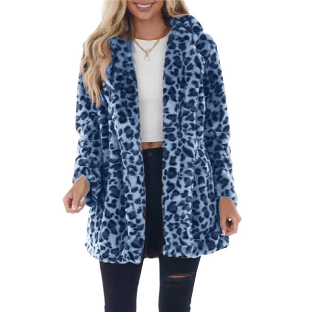 Chaquetas de Piel Sintética para Mujer, Otoño-Invierno, con Solapa de Leopardo, Mangas Largas, Abrigos Holgados con Bolsillos. Azul XL