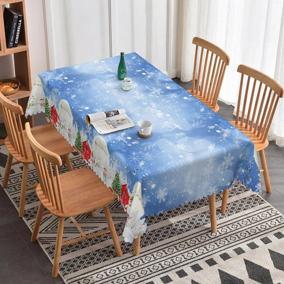 Nanqianyi Blue Christmas Tablecloth 60x84 Inches, Winter Snowman XMAS Trees Pattern Waterproof Table Cloth For Christmas Dining Decor