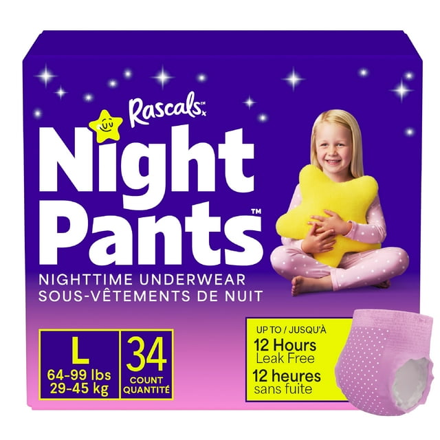 Culotte de nuit d'énurésie absorbante jetable Rascals pour filles, L (64-99 lb), 34 unités