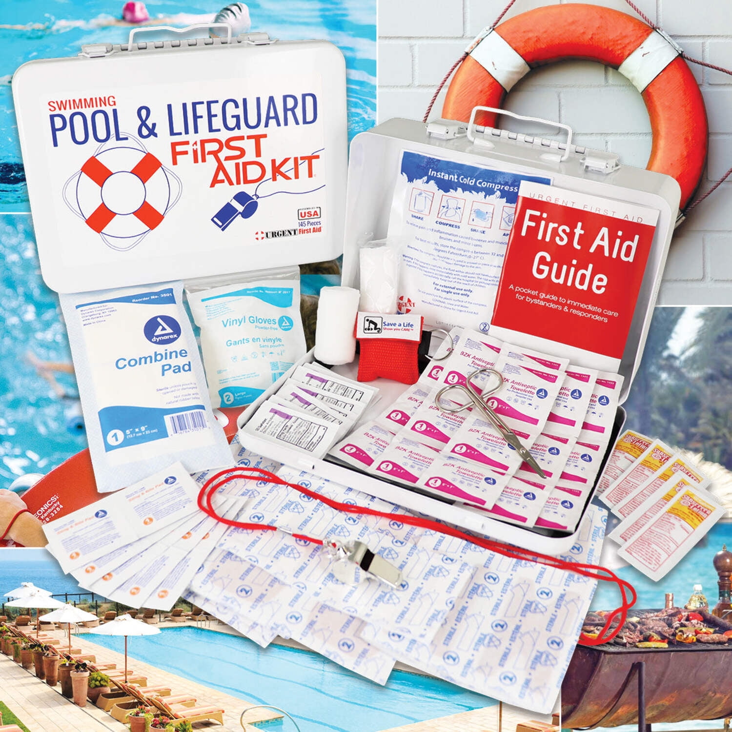 Swimming Pool & Lifeguard First Aid Kit - Sturdy water-resistant case, signalling whistle & more, Home, Office, or Sports - Safe Fun in the Sun Poolside - Made in USA