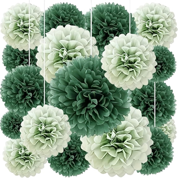20Pcs Dark Green & Sage Green Paper Flower Pom Poms - 20cm 24cm Tissue Paper Flowers for Wedding, Baby Shower & Party Decor