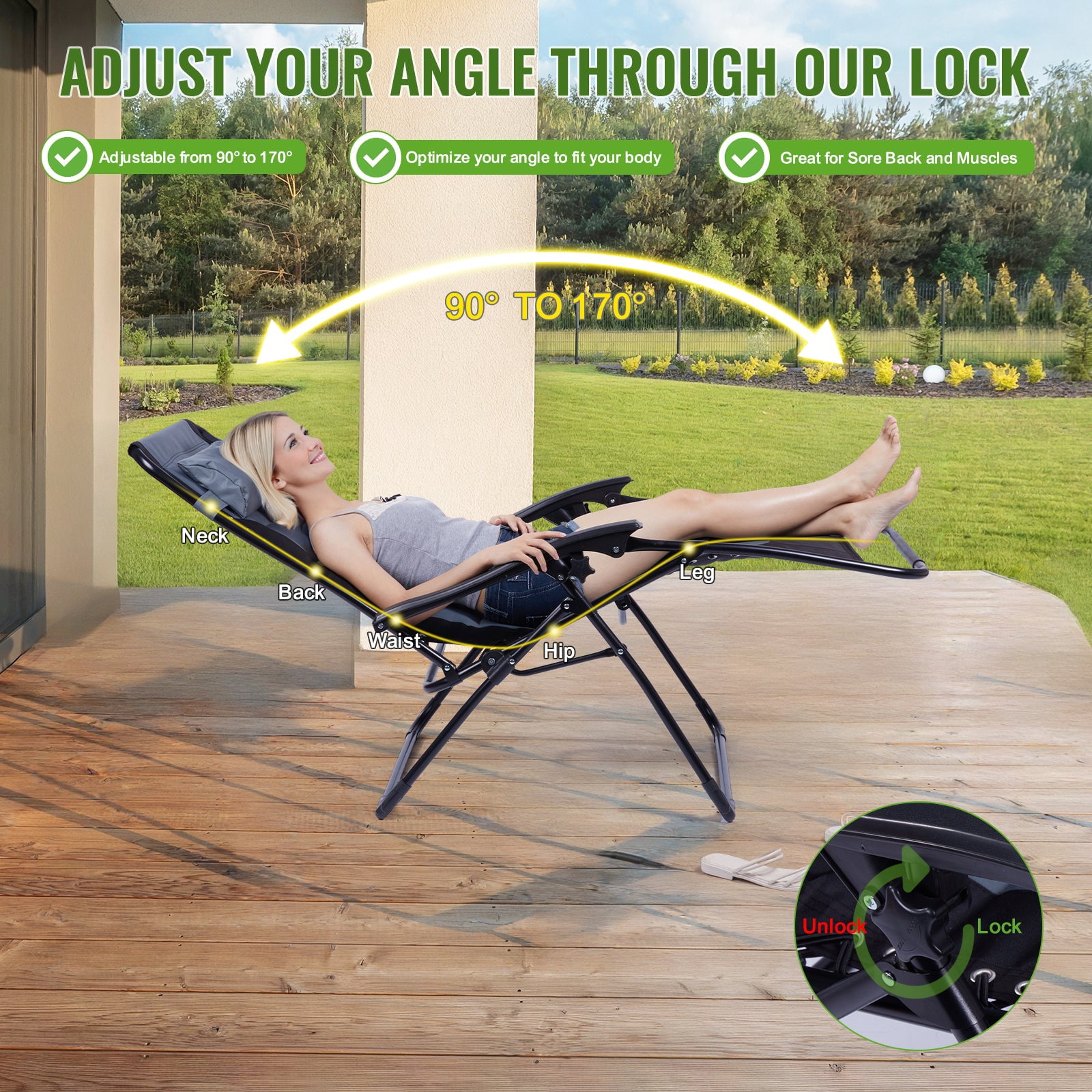 Backyard Expressions Deluxe XL Padded Recliner Zero Gravity Chair – Ergonomic Anti Gravity Lounger with Folding Design, Side Tray, and Adjustable Headrest