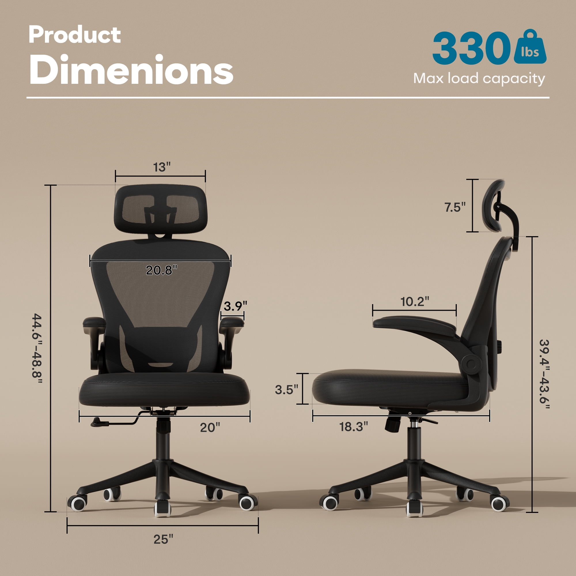 iooHug Ergonomic Mesh Office Chair with Adjustable Lumbar Support, Computer Desk Chair with Headrest, Flip-Up Arms, Black