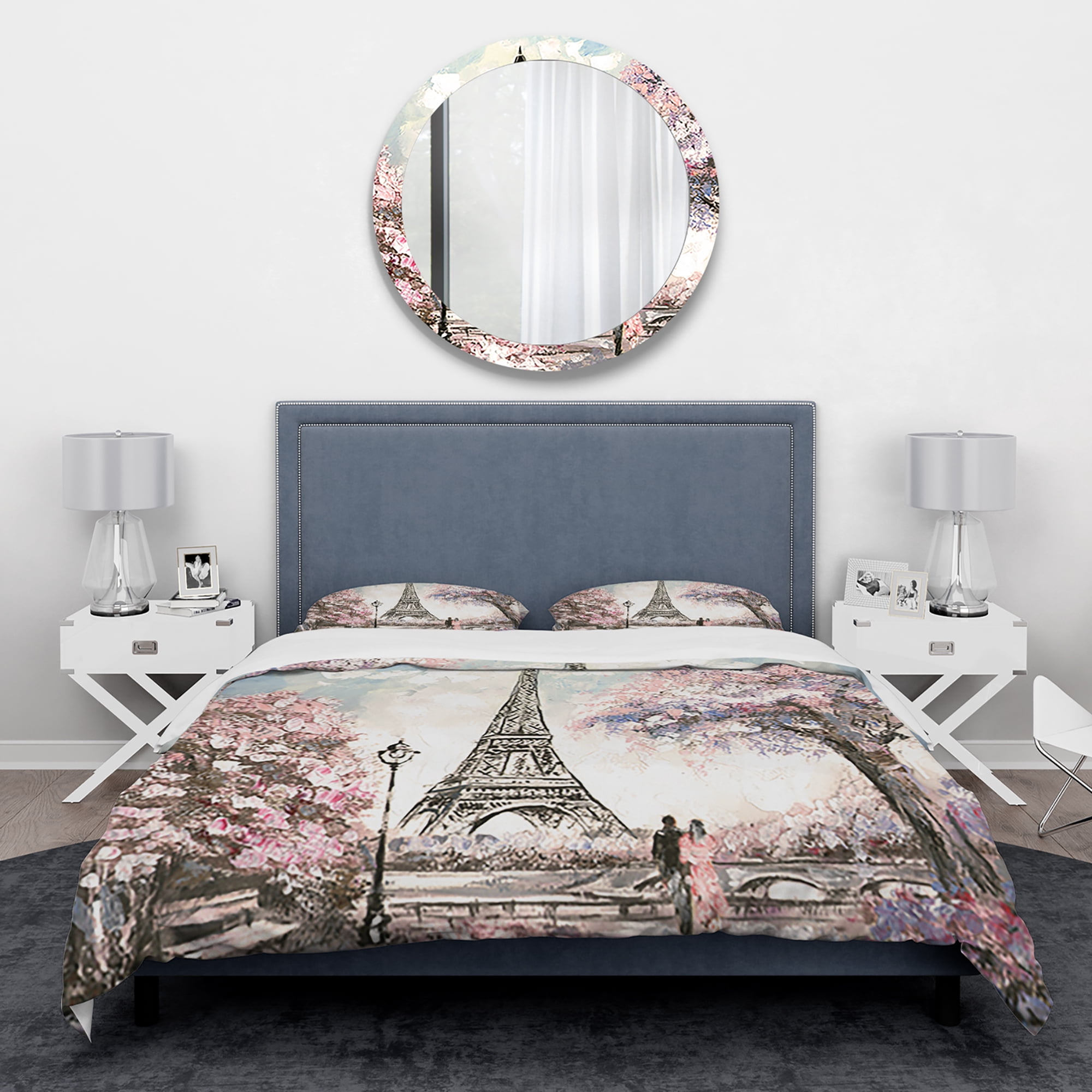 Designart 'Eiffel with Pink Flowers' Global Inspired Duvet Cover Set