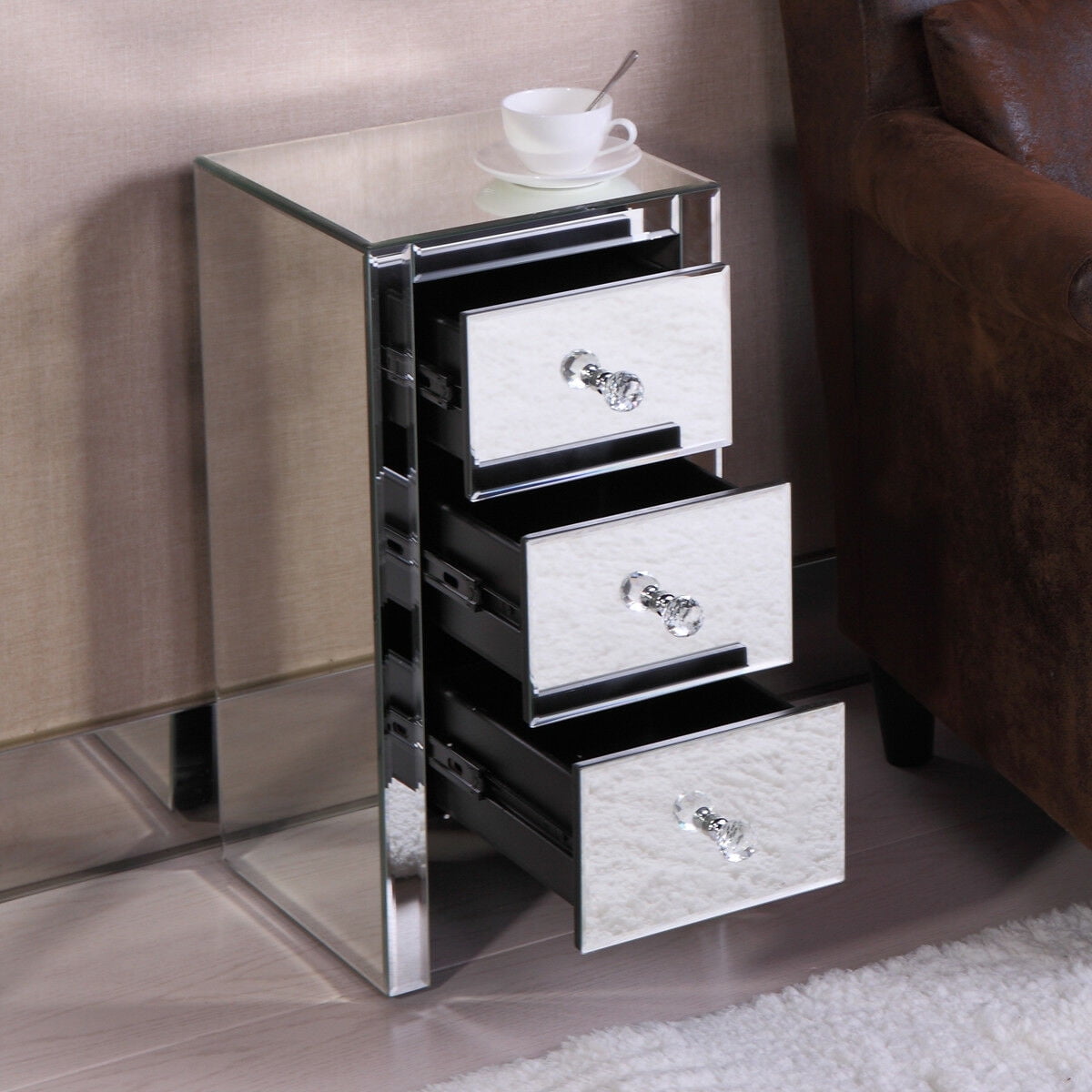 Lowestbest Nightstand w/ 3 Storage Drawer, Mirrored Nightstand Organizer w/ Storage Drawer, End Table Storage Cabinet for Bedroom, Living Room, Dining Room Furniture, Sliver Lowestbest Nightstand w/ 3 Storage Drawer, Mirrored Nightstand Organizer w/ Storage Drawer, End Table Storage Cabinet for Bedroom, Living Room, Dining Room Furniture, Sliver