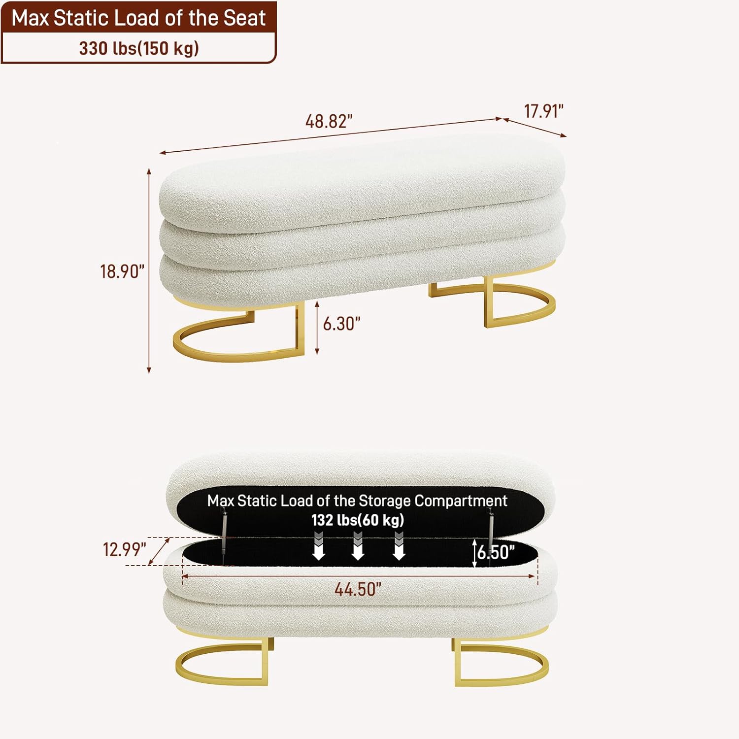 Vabches Large Storage Ottoman Bench with Golden Metal Leg, 48.8" Linen Upholstered Storage Bench for Living Room, Bedroom, Entryway, Beige