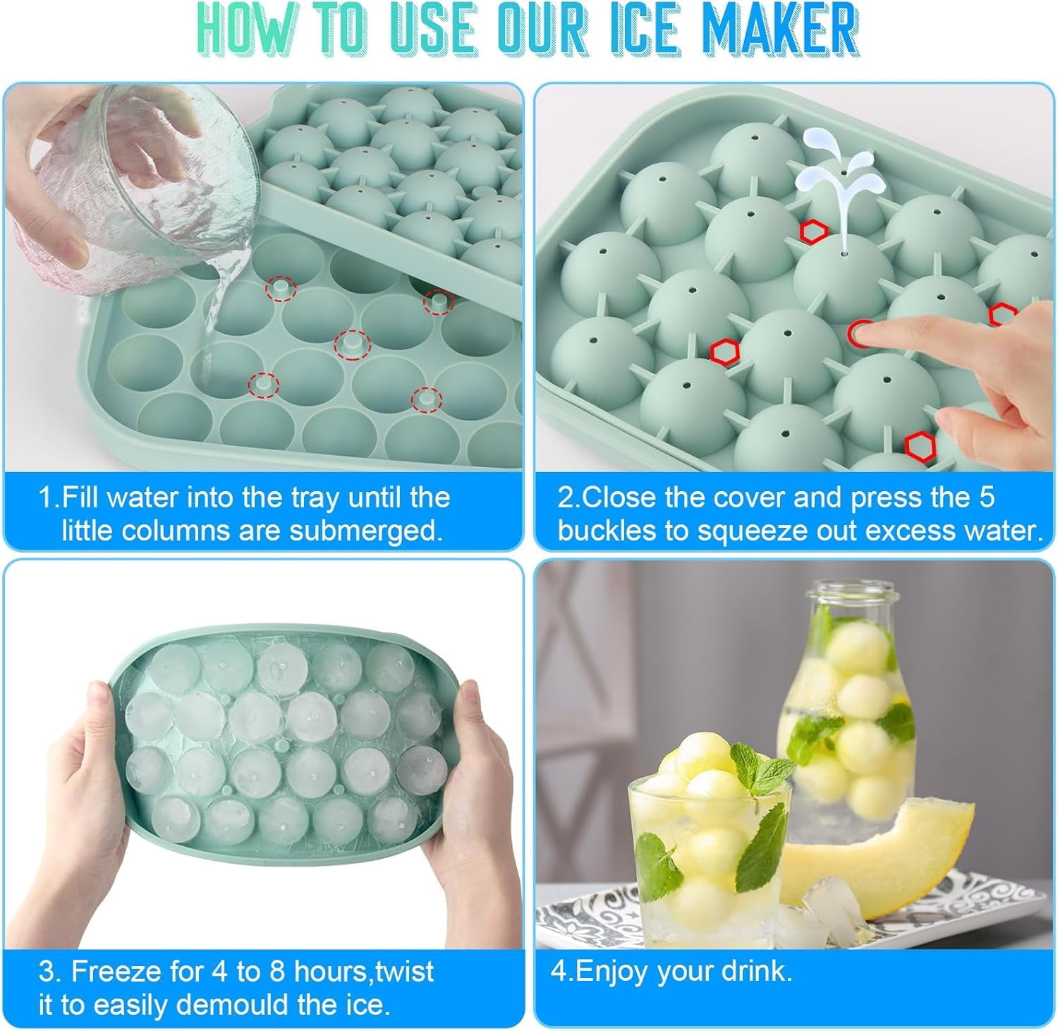 Ice Cube Tray  2 Pack Silicone Balls Maker With Lid Bpa Free Easy-release Trays For Freezer Diy Homemade Round Cubes Coffee (green)