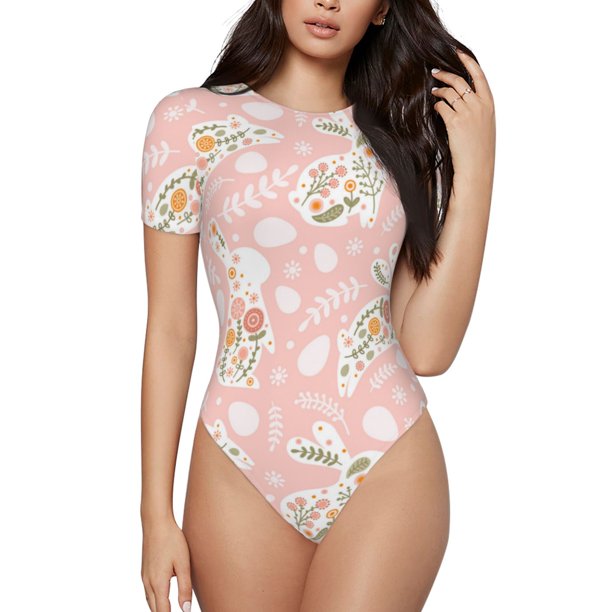 Balery Easter Bunny Body de cuello redondo de manga corta para mujer Tops de manga corta Tops básicos-Medium