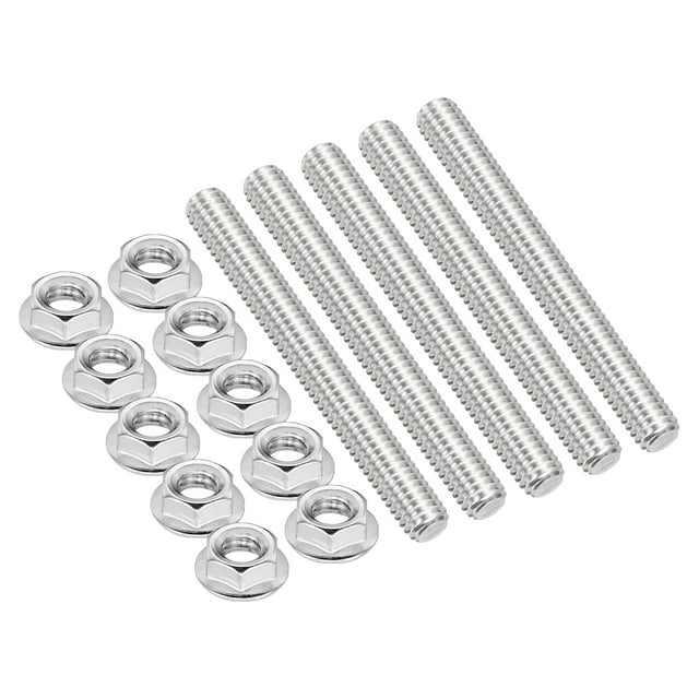 Uxcell 5Pcs 5/16"-18x60mm Threaded Rods with Hex Nuts, 304 Stainless Steel Fully Threaded Rod Right Hand Threads with 10Pcs Flange Nut for Clamps Hangers U-Bolt, Silver Tone