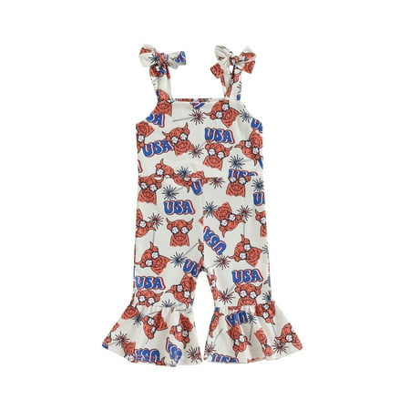 

Wassery Toddler Girls Fourth of July Jumpsuit Cow Print Sleeveless Romper Overalls Bell-Bottoms Summer Bodysuits Independence Day Clothes 6M-3T