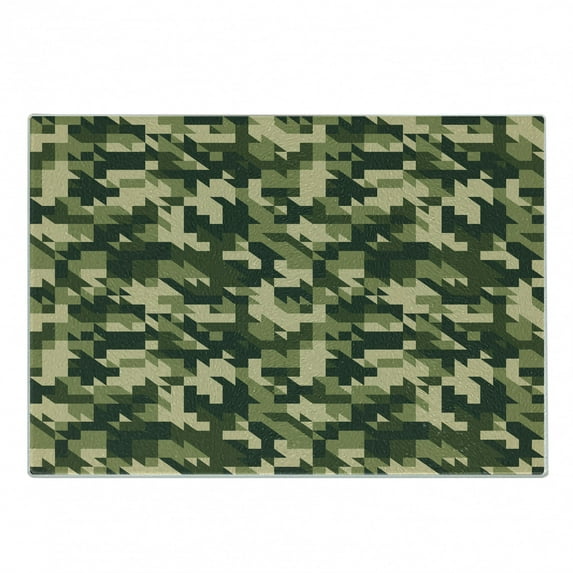 Camo Cutting Board, Abstract Camouflage in Forest Colors Jungle Environment Chevron, Decorative Tempered Glass Cutting and Serving Board, Small Size, Pale Green Dark Green, by Ambesonne