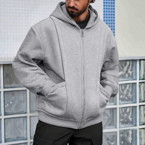 pstuiky Camisas de manga larga de invierno para hombre, Chaqueta tipo cárdigan con cremallera y capucha de manga larga de color liso para hombre Tops de hombre xxxl