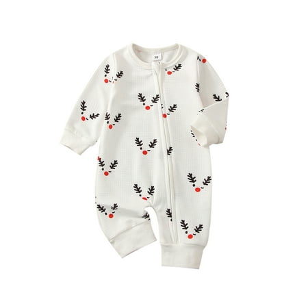 

Eyicmarn Christmas Toddler Baby Rompers Elk Print Casual Long Sleeve Zipper Jumpsuit for Newborn Girl Boy