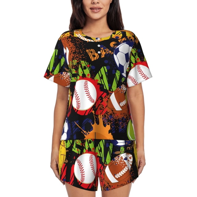 Fotbe Balls Conjunto de Pijama Estampado para Mujer, 2 Piezas, Ropa de Dormir con Camiseta de Manga Corta y Shorts Suaves-Small