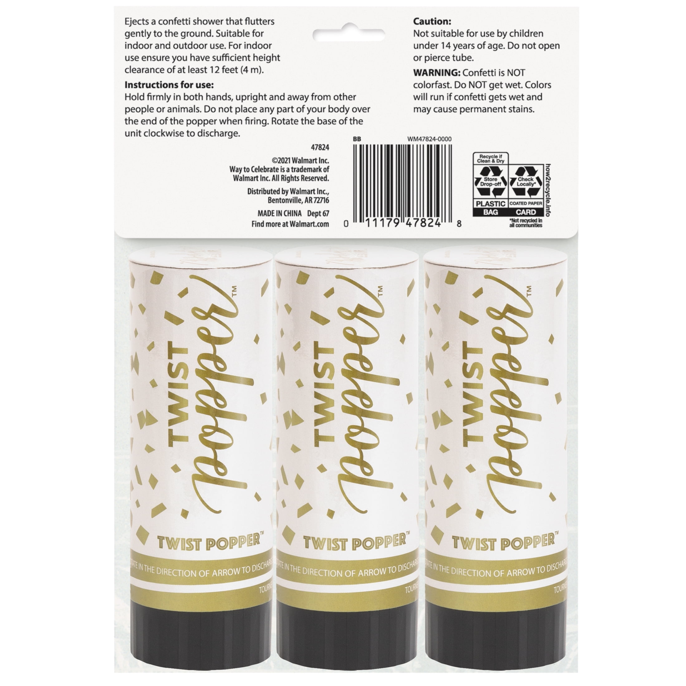 Way to Celebrate! White, Gold, & Silver Paper Party Confetti Poppers, 4in, 3ct