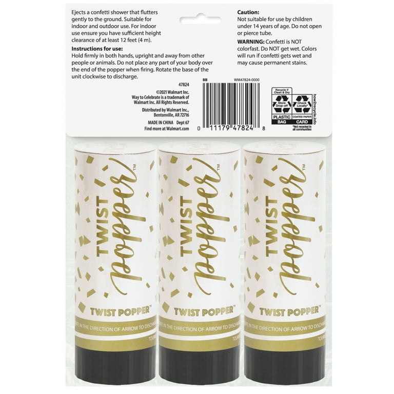 Way to Celebrate! White, Gold, & Silver Paper Party Confetti Poppers, 4in,  3ct 